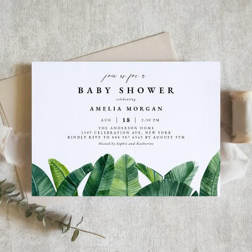Watercolor Banana Palm Leaves Summer Baby Shower Invitation