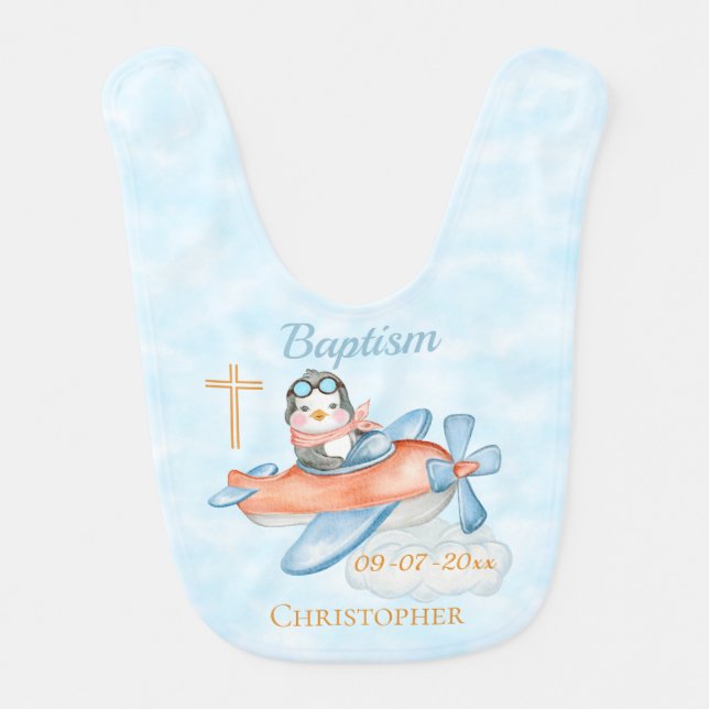 Watercolor Baptism Baby Penguin Airplane Baby Bib (Front)