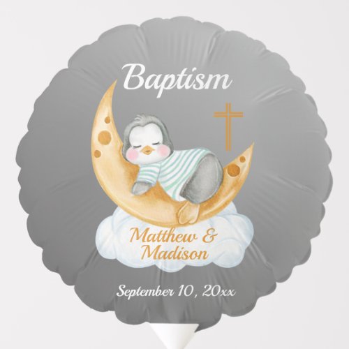 Watercolor Baptism Baby Penguin And Moon Balloon