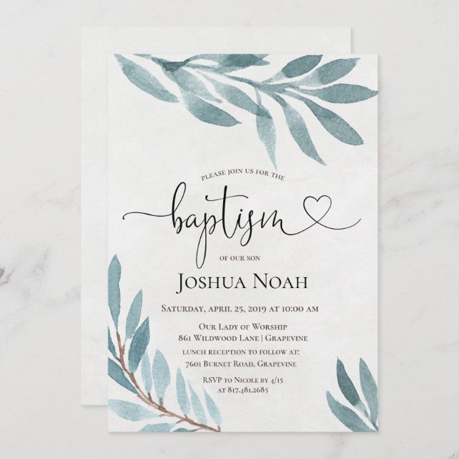 Watercolor Baptism Botanical Invitation (Front/Back)