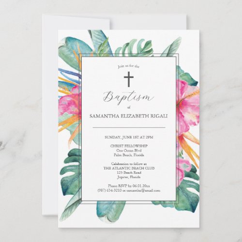 Watercolor Baptism Invitations Tropical Flowers