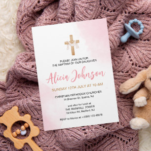 Watercolor Baptism Pink Baby Girl Invitation