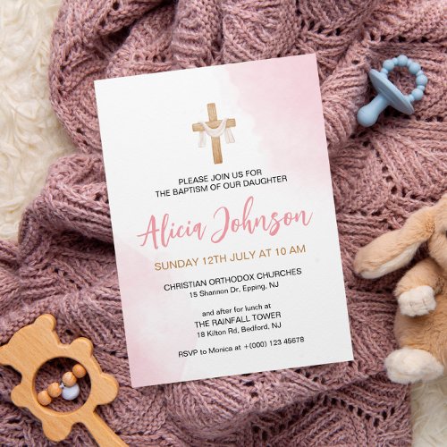 Watercolor Baptism Pink Baby Girl Invitation