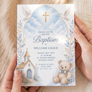 Watercolor Baptism Teddy Bear Invitation