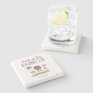 Watercolor Barbecue Flag 4th of July Summer Party Stone Coaster