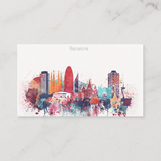 Watercolor Barcelona Skyline Business Card (Front)