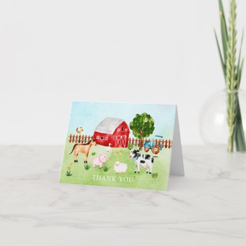 Watercolor Barn Animals Baby Shower Thank You Note - Cute watercolor farm animals thank you note card for a boys, girls or neutral baby shower.  Matching items available in our shop.