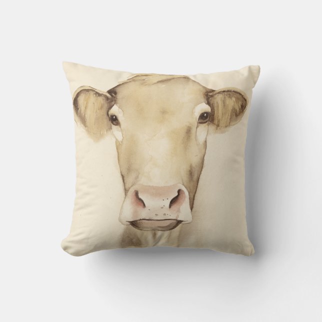Watercolor Barn Animals | Cow Throw Pillow (Front)
