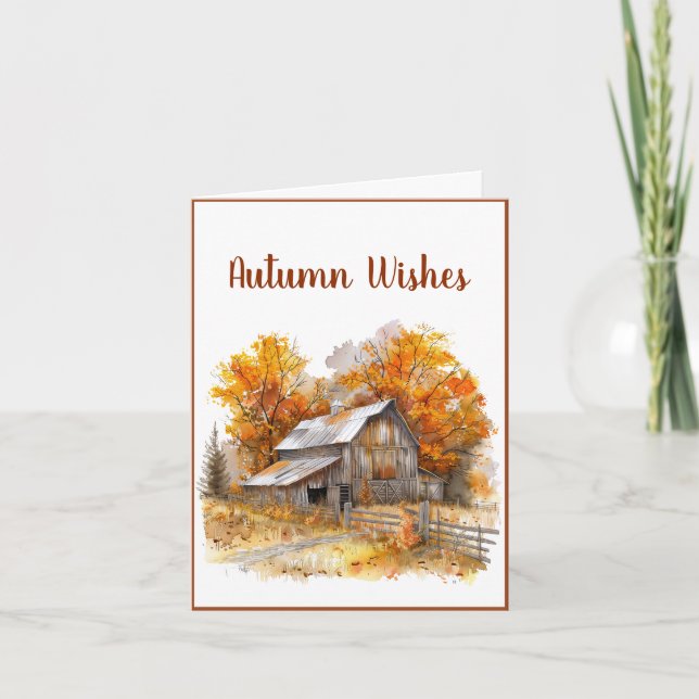 Watercolor Barn Autumn Wishes Greeting Card (Front)