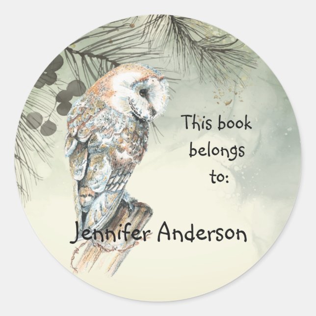 Watercolor Barn Owl Bird art Custom Bookplate (Front)
