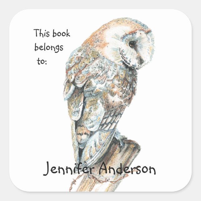 Watercolor Barn Owl Bird art Custom Bookplate (Front)