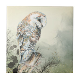Watercolor Barn Owl Bird Art Tile