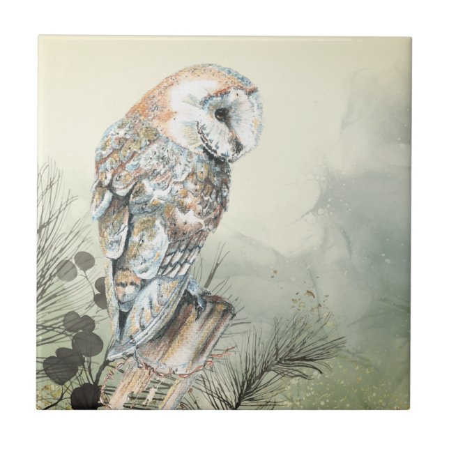 Watercolor Barn Owl Bird Art Tile (Front)