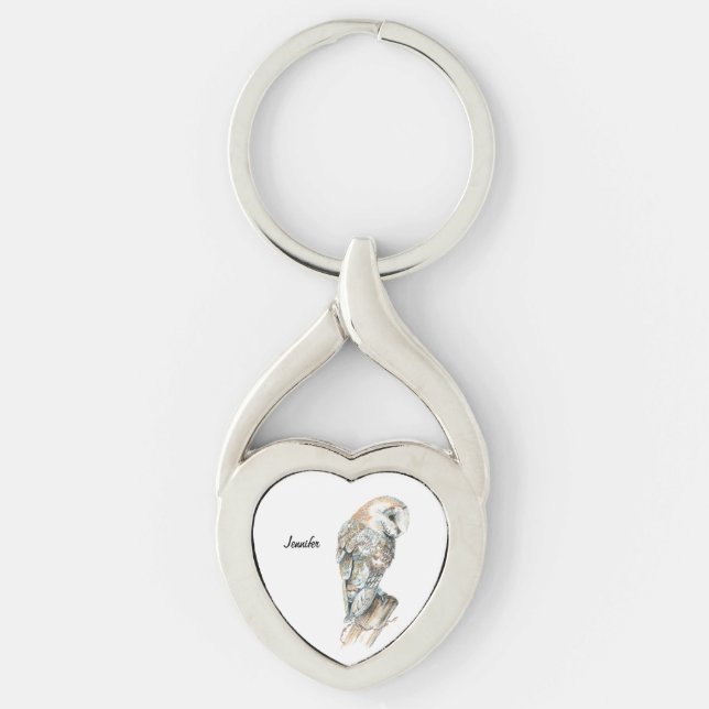 Watercolor Barn Owl Bird Nature Art Custom Name Keychain (Front)