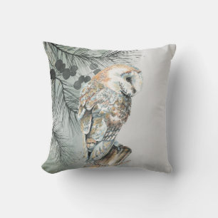 Watercolor Barn Owl Bird Nature Wildlife Art    Throw Pillow