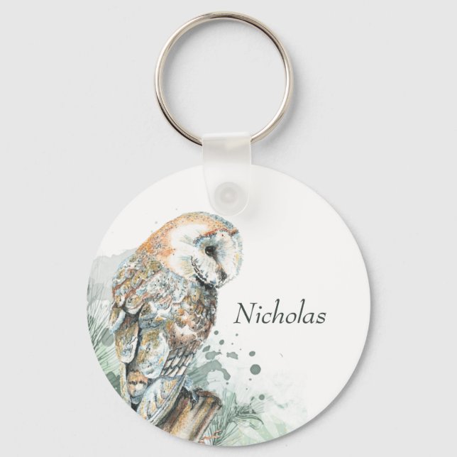  Watercolor Barn Owl Bird Wildlife Nature Art   Ke Keychain (Back)