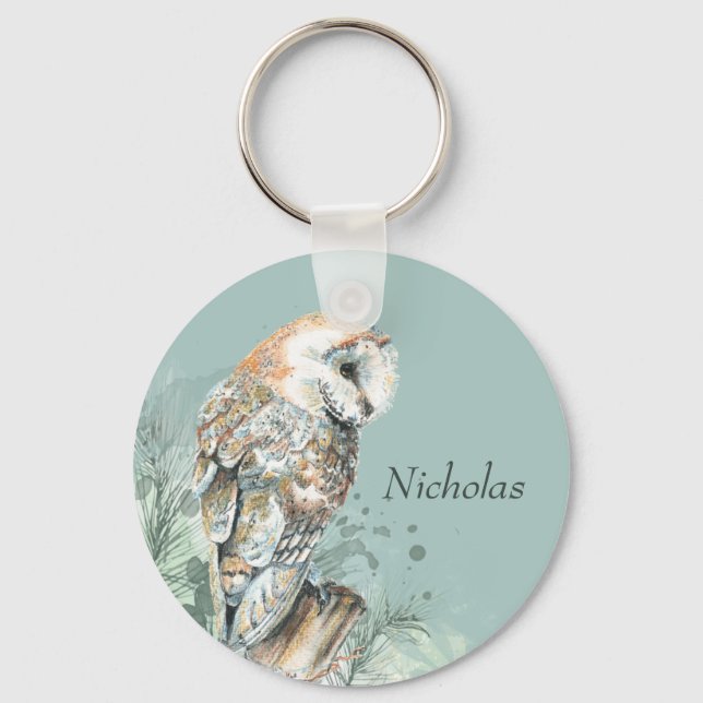  Watercolor Barn Owl Bird Wildlife Nature Art   Keychain (Front)