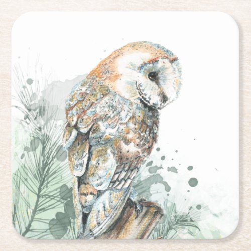  Watercolor Barn Owl Bird Wildlife Nature Art  Square Paper Coaster