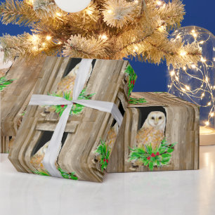 Watercolor Barn Owl in Window Bird Christmas Art Wrapping Paper