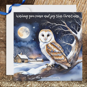 Watercolor Barn Owl in Winter Snow Christmas Holiday Card