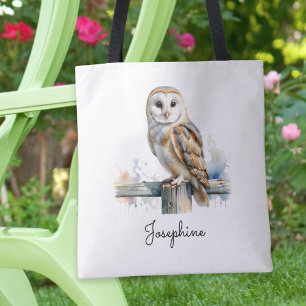 Watercolor Barn Owl Personalized Reusable Tote Bag