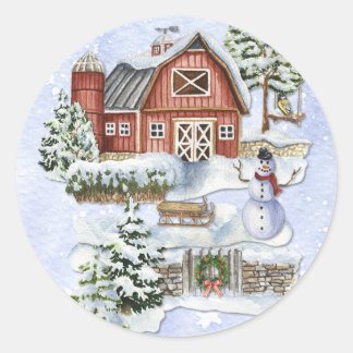Watercolor Barn Stone Gate Classic Round Sticker