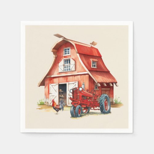 Watercolor Barn With Rooster and Tractor Napkins