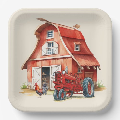 Watercolor Barn With Rooster and Tractor Paper Plates
