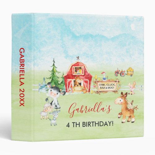 Watercolor Barnyard and Farm Animals Kids Birthday 3 Ring Binder