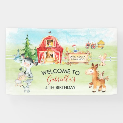 Watercolor Barnyard and Farm Animals Kids Birthday Banner