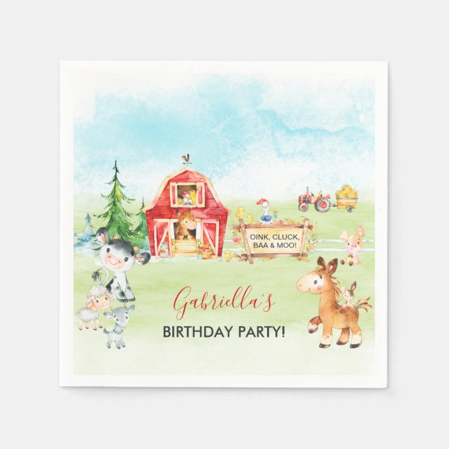 Watercolor Barnyard and Farm Animals Kids Birthday Napkins (Front)