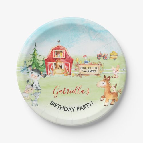 Watercolor Barnyard and Farm Animals Kids Birthday Paper Plates