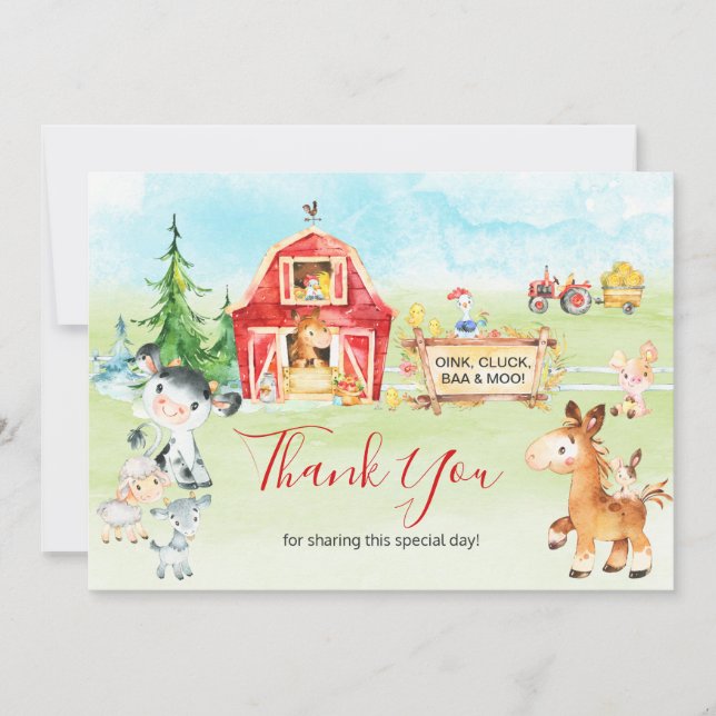 Watercolor Barnyard and Farm Animals Thank You Card (Front)