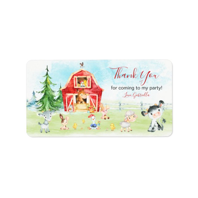 Watercolor Barnyard and Farm Animals Thank You Label (Front)