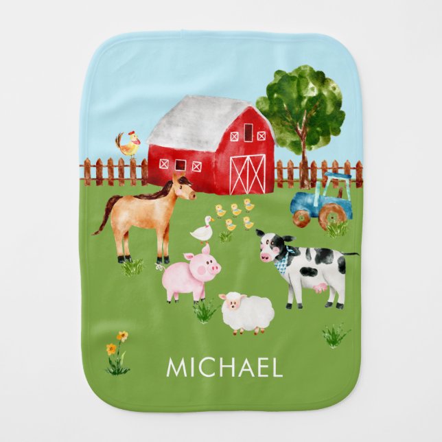 Watercolor Barnyard Animals  Baby Burp Cloth (Front)