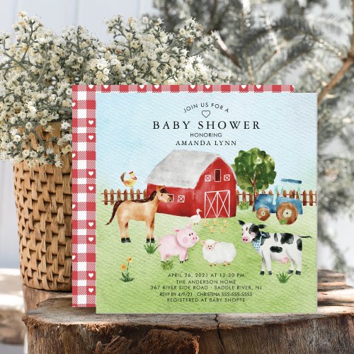 Watercolor Barnyard Animals Baby Shower Invitation