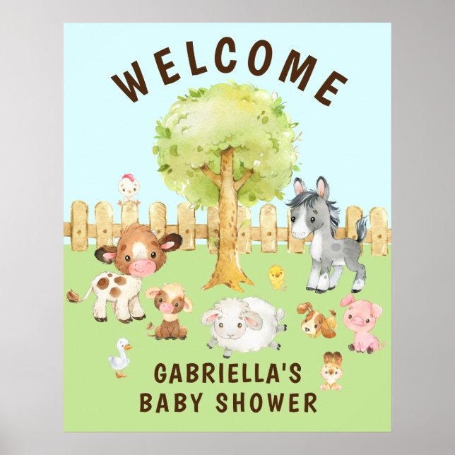Watercolor Barnyard Animals Baby Shower Poster (Front)