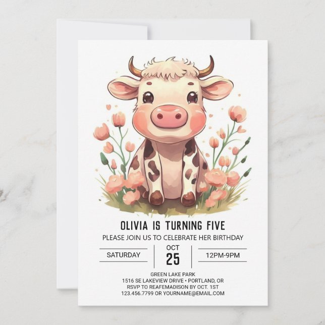 Watercolor Barnyard Cow Birthday Invitation (Front)