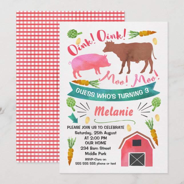 Watercolor Barnyard, Farmyard Birthday Invitation (Front/Back)