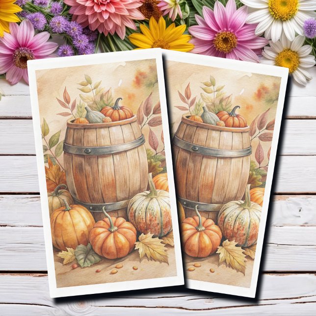 Watercolor Barrel with Pumpkins Fall Paper Guest Towels (Creator Uploaded)