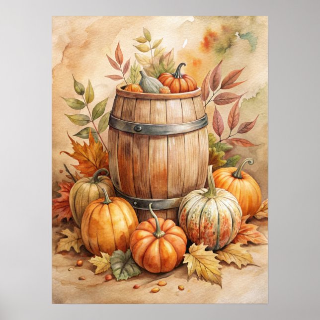 Watercolor Barrel with Pumpkins Fall Poster (Front)