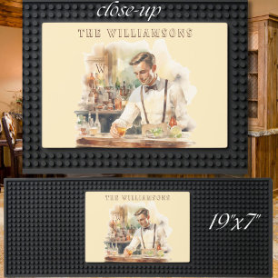 Watercolor Bartender Bar Scene Monogram Name Bar Mat