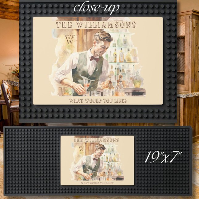 Watercolor Bartender Bar Scene Monogram Name Mat (Creator Uploaded)