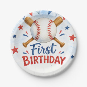 Watercolor Baseball 1st Birthday Paper Plates