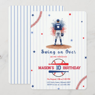 Watercolor Baseball Player Boy 10th Birthday Invitation