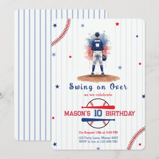 Watercolor Baseball Player Boy 10th Birthday Invitation (Front/Back)