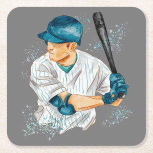 Watercolor Baseball Player Square Paper Coaster