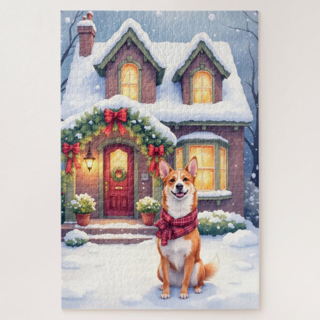 Watercolor Basenji Townhouse Christmas Holiday Jigsaw Puzzle (Vertical)