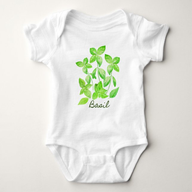 Watercolor basil illustration baby bodysuit (Front)