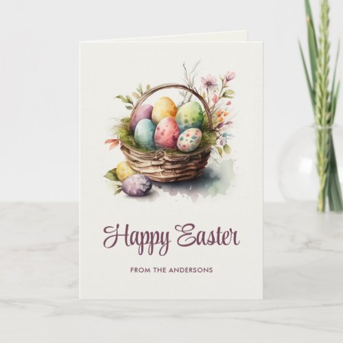 Watercolor Basket of Coloful Eggs Happy Easter  Holiday Card